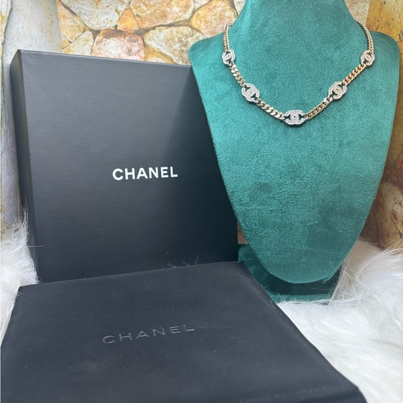 Authentic Chanel Crystal Chain CC Link Choker Gold Silver - Picture 1 of 6